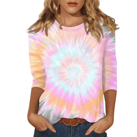 Trendfront Womens Pastel Tie Dye T Shirts Crewneck 3/4 Sleeve Spiral Print Relaxed Fit Casual Tee Tops