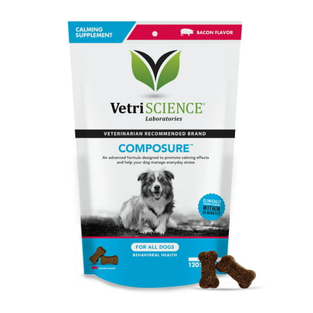 VetriScience Laboratories Composure, Calming and Anxiety Relief Supplement for Dogs, Bacon Flavor, 120 Bite-Sized