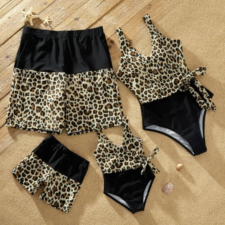 

PatPat Family Matching Black Splicing Leopard Swim Trunks Shorts and One-Piece Swimsuit Sizes Baby-Kids-Adult