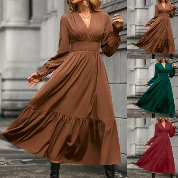Kmdttou Woman Solid Color Long Sleeve V-neck Capless Fashion Fallow Commuting Dresses,Chic Day Dresses for Ladies Summer Wear