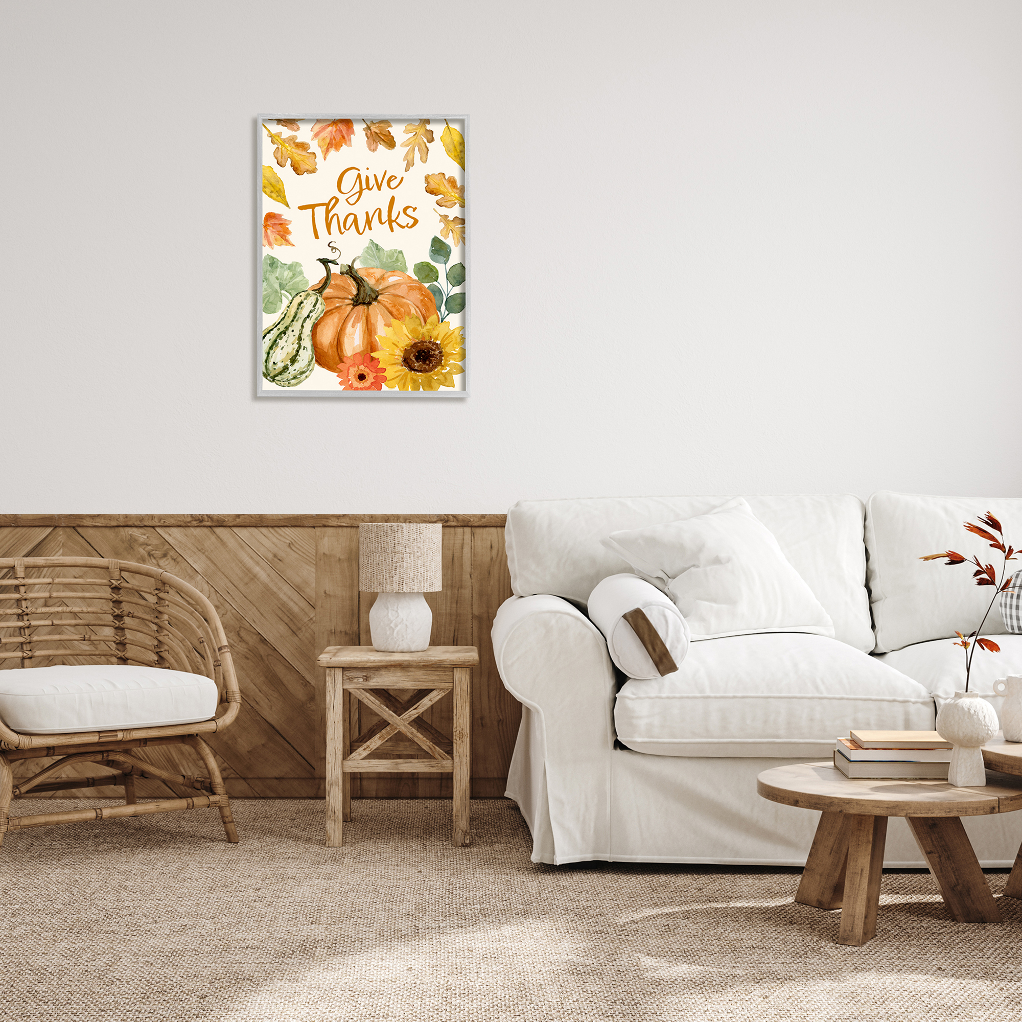 Give Thanks Harvest Gourds Leaves Autumnal Border Botanical & Floral Graphic Art Framed Art Print Wall Art