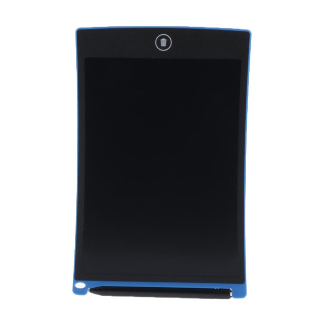 8.5 "lcd writing tablet portable kids dibujo digital escritura a mano pad azul tableta gráfica de 8.5" vista frontal con pantalla LCD negra sensible a la presión dentro de marco azul, botón circular superior con ícono de papelera para borrar, lápiz stylus negro alojado en la base y orificio para colgar; fondo blanco. También suele usarse para notas rápidas y bocetos por estudiantes y niños.