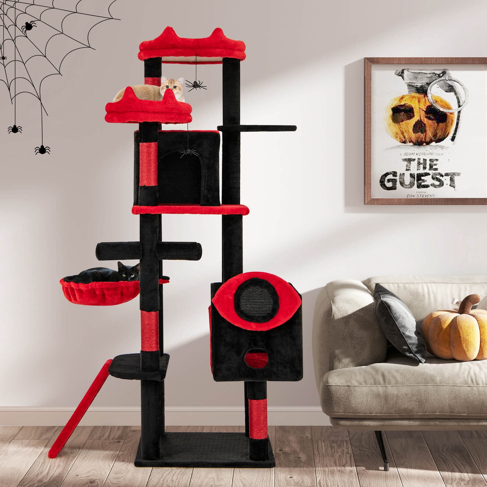 Costway Gothic Cat Tree for Indoor Cats with 2 Cat Condos & 2 Plush Perches, Dangling Balls