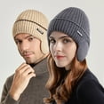 thumbnail image 2 of Women Men Winter Beanie Hat Solid Color Unisex Knit Wool Hat Thickened Ribbed Fleece Lined Hat with Earflaps, 2 of 6