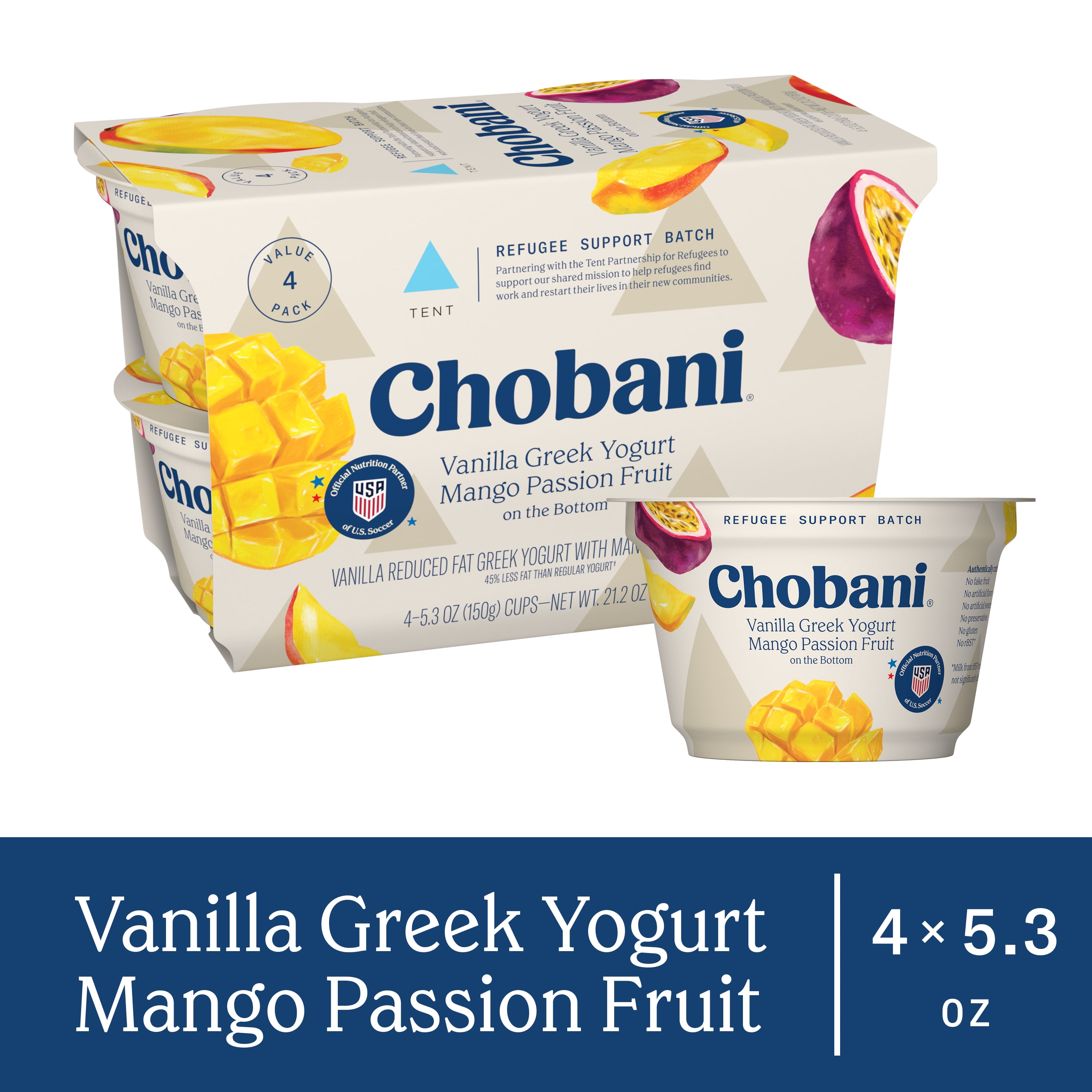 Chobani Low-Fat Vanilla Greek Yogurt with Mango Passion Fruit on The Bottom 5.3 oz, 4 pack