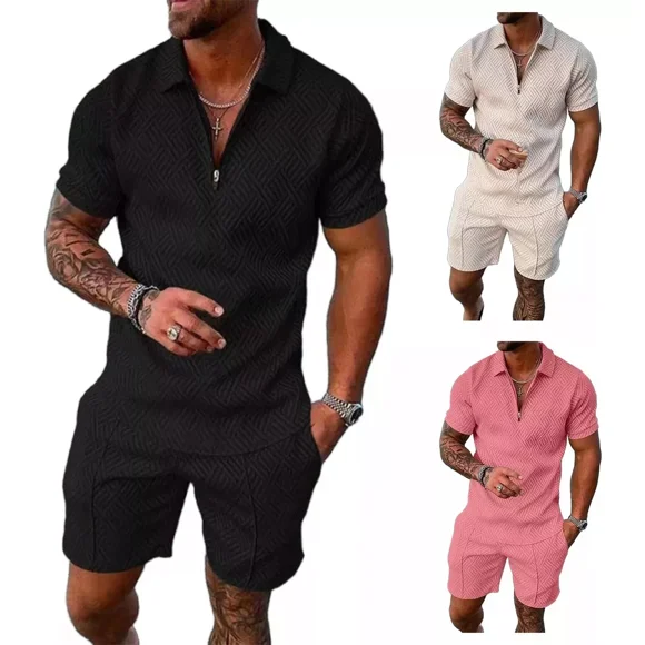 Conjuntos Short Solapa Hombre,polo Estampado Traje,2piezas