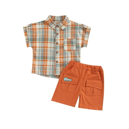 

Canrulo Infant Toddler Baby Boy Summer Clothes Button Down Shirt Short Sleeve Lapel Top Plaid Pullover Shorts Set Orange 3-4 Years