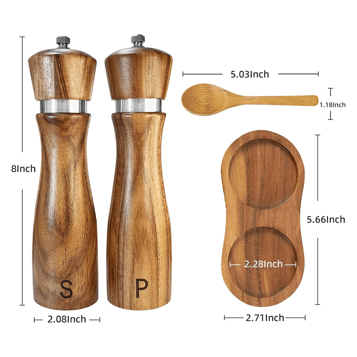 Wooden Salt and Pepper Grinder Set Pepper Grinder Manual,Adjustable Coarseness,with Salt&Pepper Mill Tray,Spoon