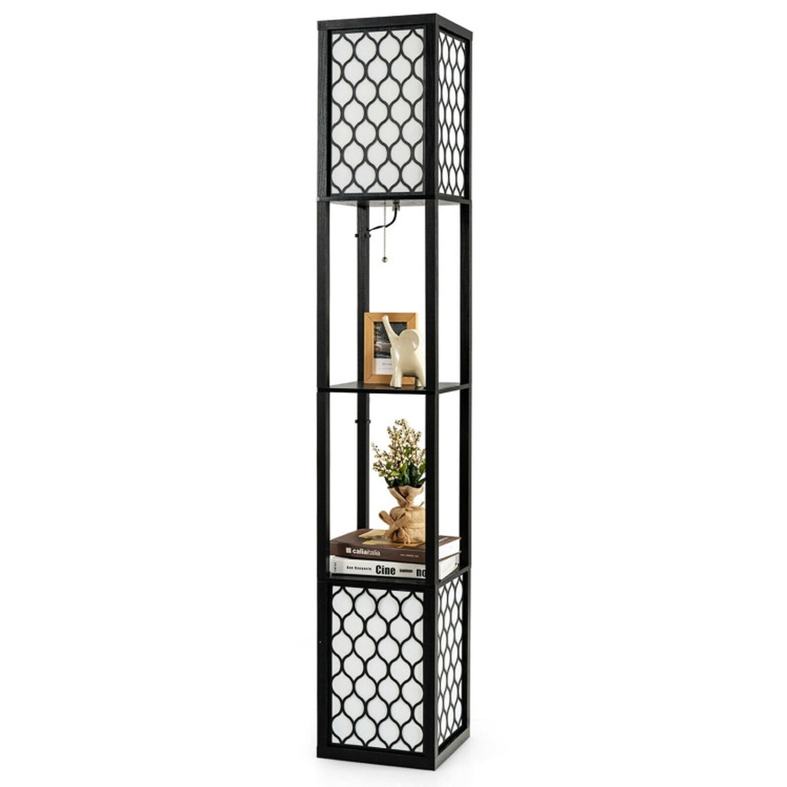 Vebreda Modern Freestanding Shelf Floor Lamp with Double Lamp Pull Chain and Foot Switch for Living Room-Black White | Shelf Standing Lamp