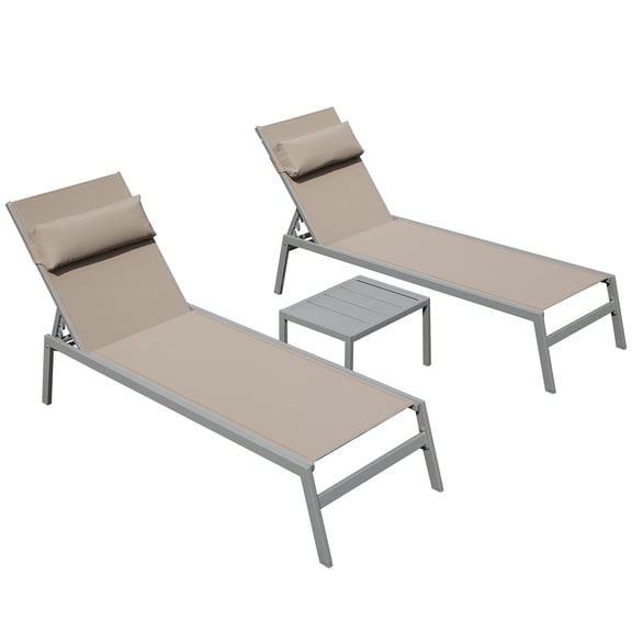 JERFIT 3-Piece Outdoor Chaise Lounge Set with Side Table, Adjustable Reclining Pool Chairs, All-Weather Textilene Fabric & Aluminum Frame for Patio, Beach, Backyard (Khaki)