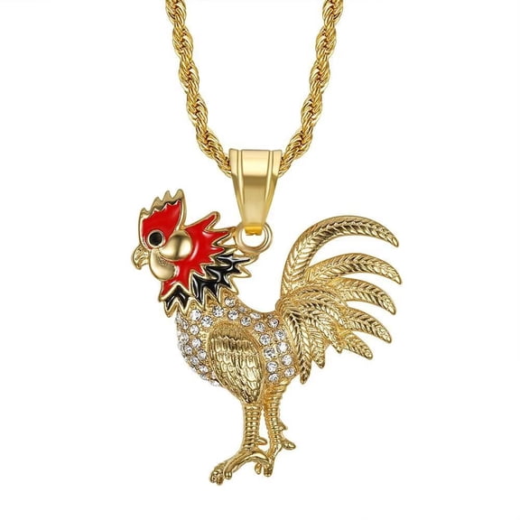 HIJONES Rooster Necklace for Men Women Stainless Steel Chinese Zodiac Pendant with Diamond Link Chain Jewelry Gold