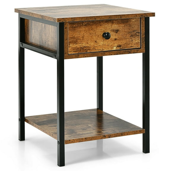 Gymax Industrial End Side Table Nightstand with Drawer Shelf Rustic Brown
