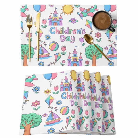 Children's Day Placemats Set of 4 Airplanes Sailing Boats Tree Cartoon School Place Mats Indoor Wipeable Table Mats Washable Dining Table Placemats for Kitchen Holiday Party Home Decor 13x19 Inch