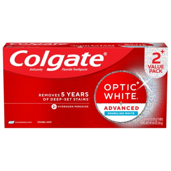 Colgate Optic White Advanced Sparkling White Toothpaste with 2% Hydrogen Peroxide, Mint, 2 Pack, 4.5 OZ