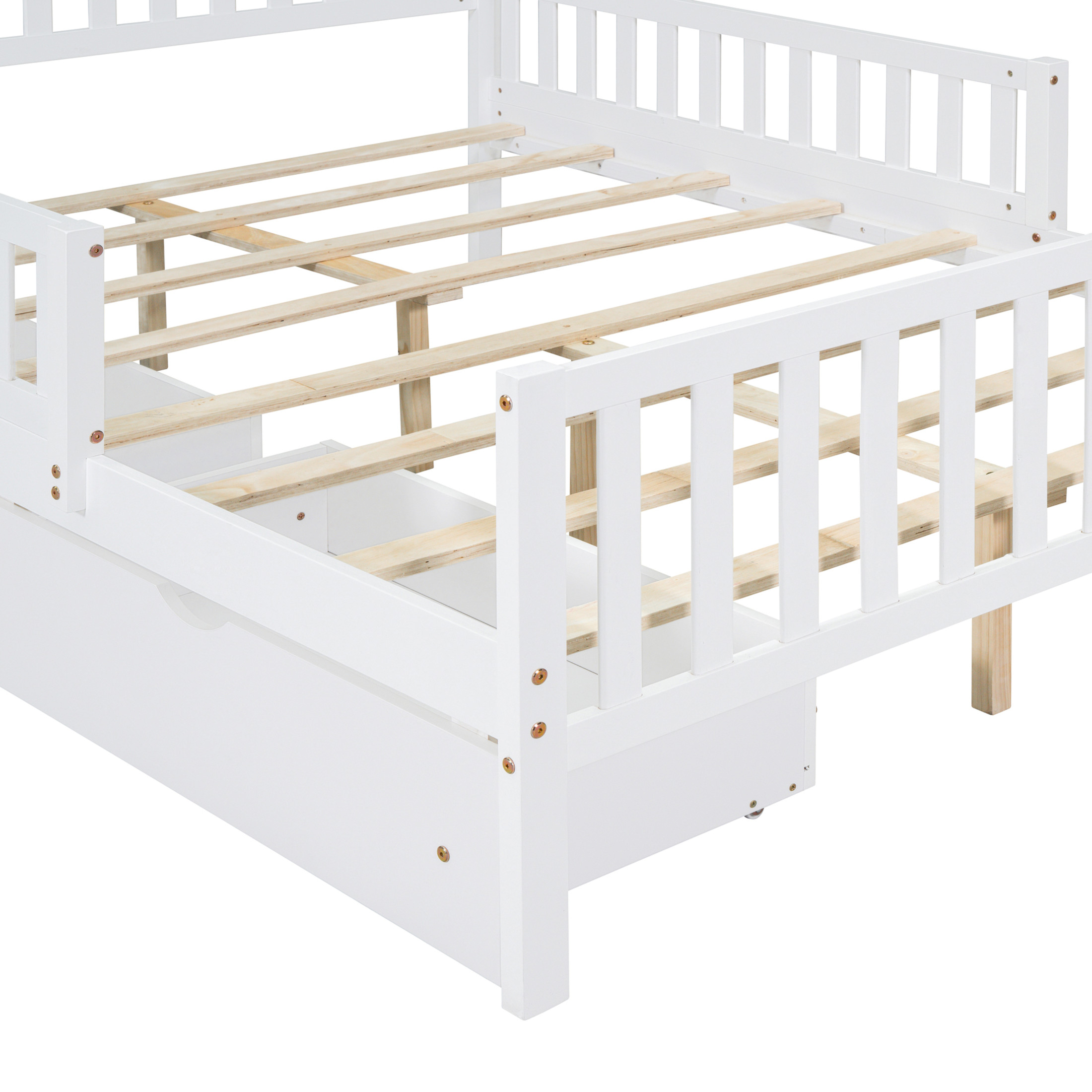 Noble House Full Size Wood Platform Bed with Guardrails on Both Sides and Two Storage Drawers ,White