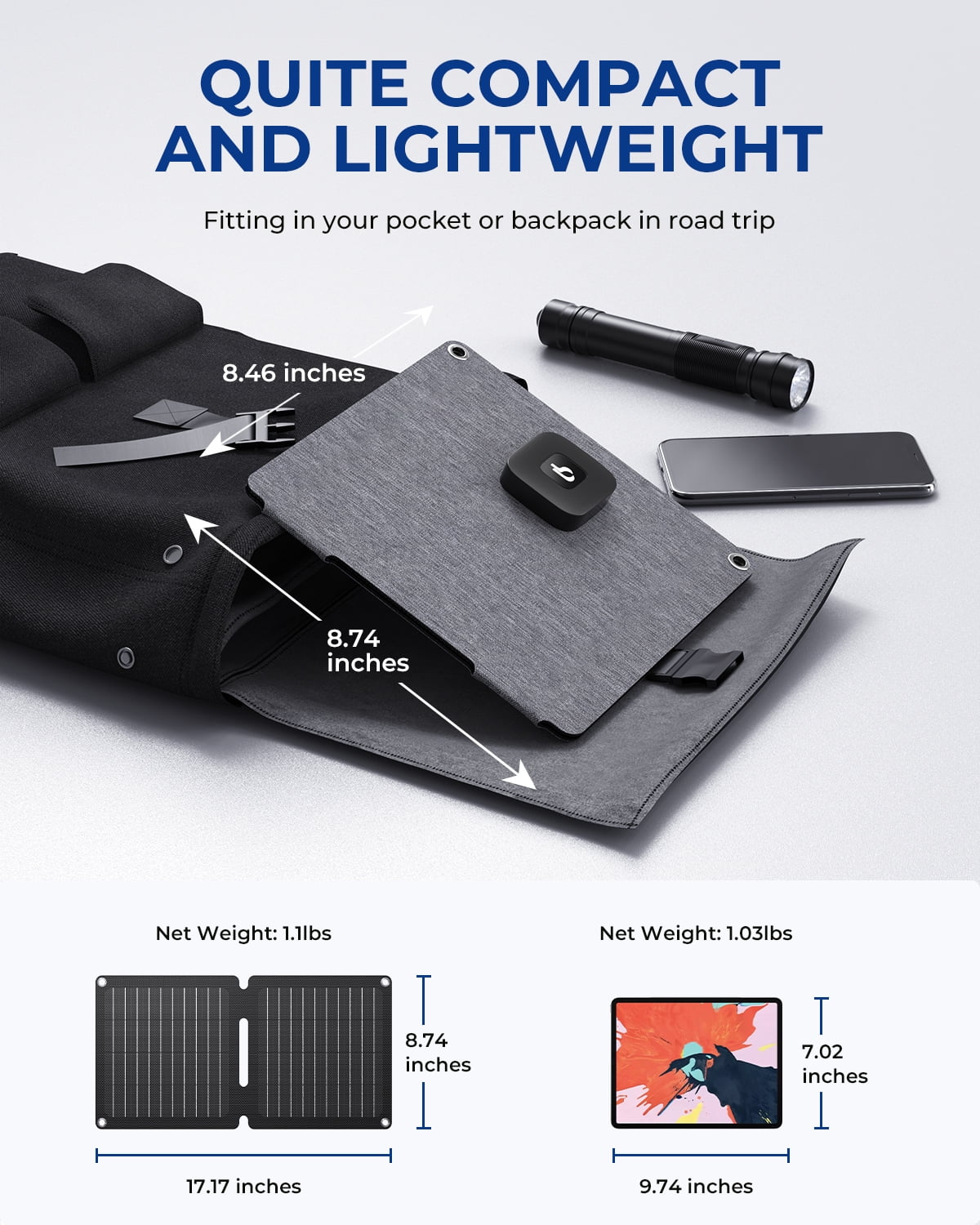 BigBlue 10W ETFE Solar Panel Charger with USB-A and USB-C, Portable Solar Phone Charger with Kickstand for Camping, IP65 Waterproof, Compatible with iPhone 14/13/X/8, Tablet, Samsung, LG