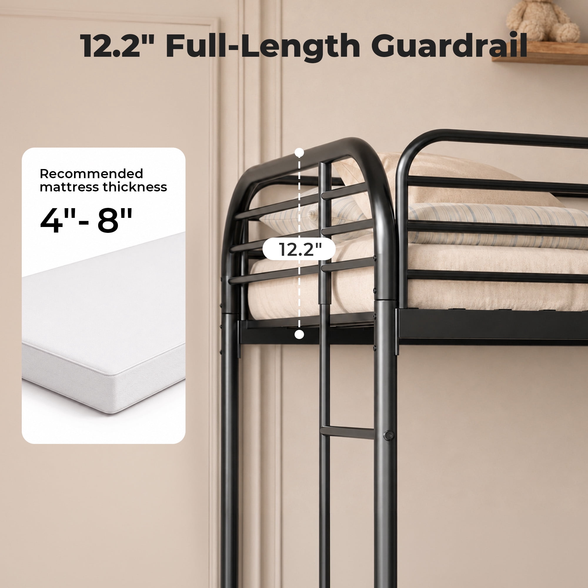 Alvantor Bunk Bed Twin over Twin, Metal Bunk Bed for Kids with Ladder Black
