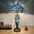 thumbnail image 4 of Tiffany Table Lamp Blue Stained Glass Shade And Base Dragonfly LED Bulbs Included for Living Room Bedroom Bedside 12"W*12"D*22"H, 4 of 5