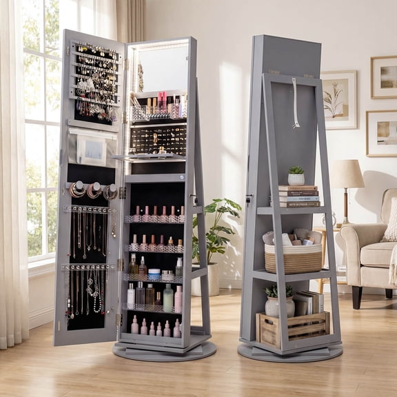 Costway 360° Swivel Jewelry Cabinet with LED Lights, Full-Length Mirror & Makeup Mirror Gray