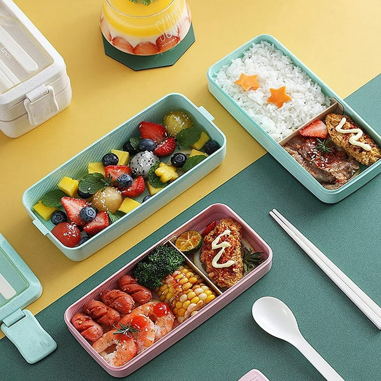 Stackable Bento Box Adult Japanese Lunch Box Kit with Spoon & Fork 3-In-1  Compartment Wheat Straw Meal Camping Picnic Food box