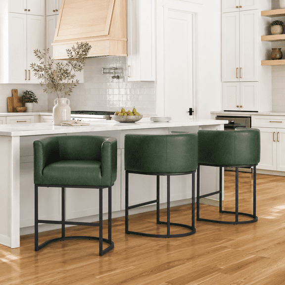 ClinQ 26" Counter Height Bar Stools Set of 3, PU Leather Barrel Bar Chairs with Back and Arms for Kitchen Island, Darkgreen