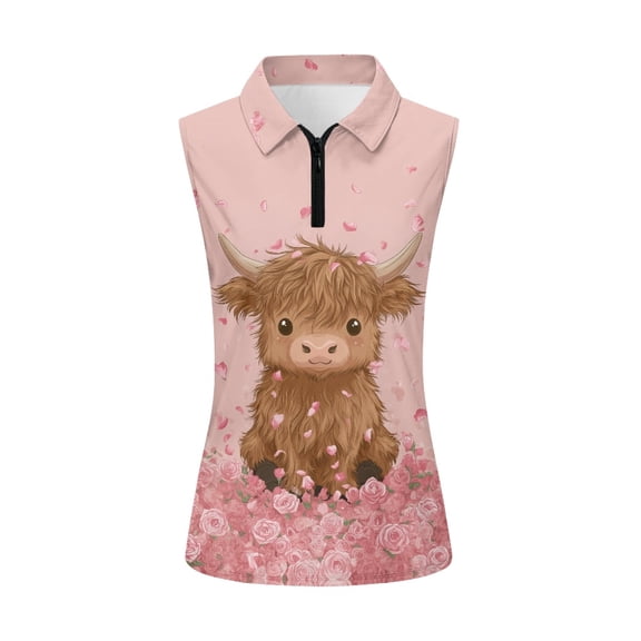 Whosucclay Highland Cow Rose Print Sleeveless Golf Shirt for Women, Quick Dry Womens Golf Shirt 1/4 Zipper Zip Up Golf Sleeveless Half Zip Top