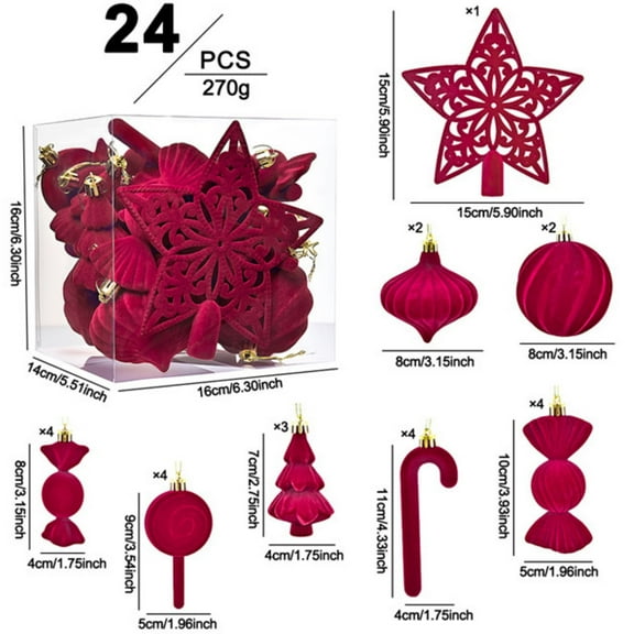 24-Piece Velvet Christmas Tree Ornaments Set, Flocked Christmas Hanging Baubles with Tree Topper Star for Xmas Tree Holiday Wedding Party Decorations