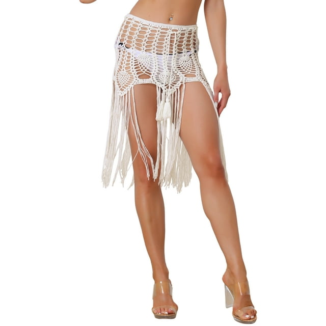 Bañador sexy de verano de ganchillo para mujer INSPIRE CHIC con falda de cobertura con flecos XS Blanca