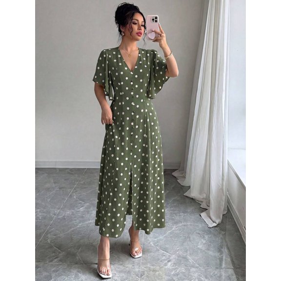 Womens Green Polka Dot V-Neck Button-Front Flare Sleeve Maxi Dress