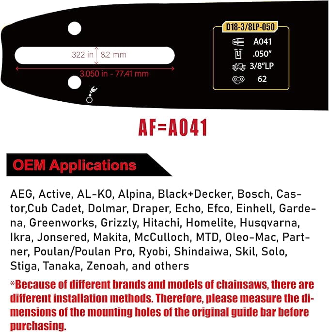 18" Chainsaw Guide Bar & Chain Combo, Replacement for Saw Chains, Bar Length 18" (45cm), with Low Kickback Chain Set, 3/8" Pitch, 0.050" Gauge, 62 Drive Links for EGO : CS1800, CS1803, CS1804