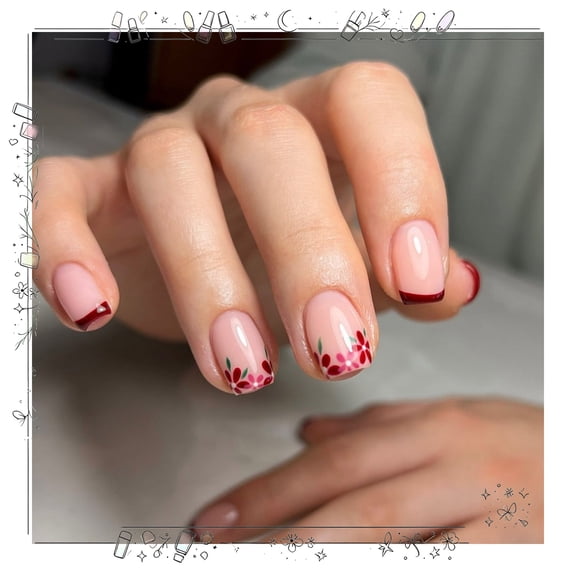 24pcs Sweet Flower Glue on Nails Set for Women Girl,Solid Color Short Square Fake Nails Acrylic Shine Glossy Press on Nails for Office Daily Wedding,Full Nail Wrap Gift for Valentine Holiday