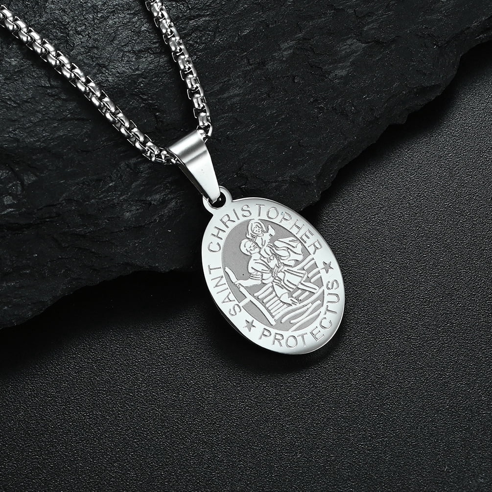 Raymard Saint St Christopher Pendant Necklace Titanium Steel Religious Christian Gift Archangel Amulet Exorcism Protection Oval Medal 24 Inch Rolo Chain