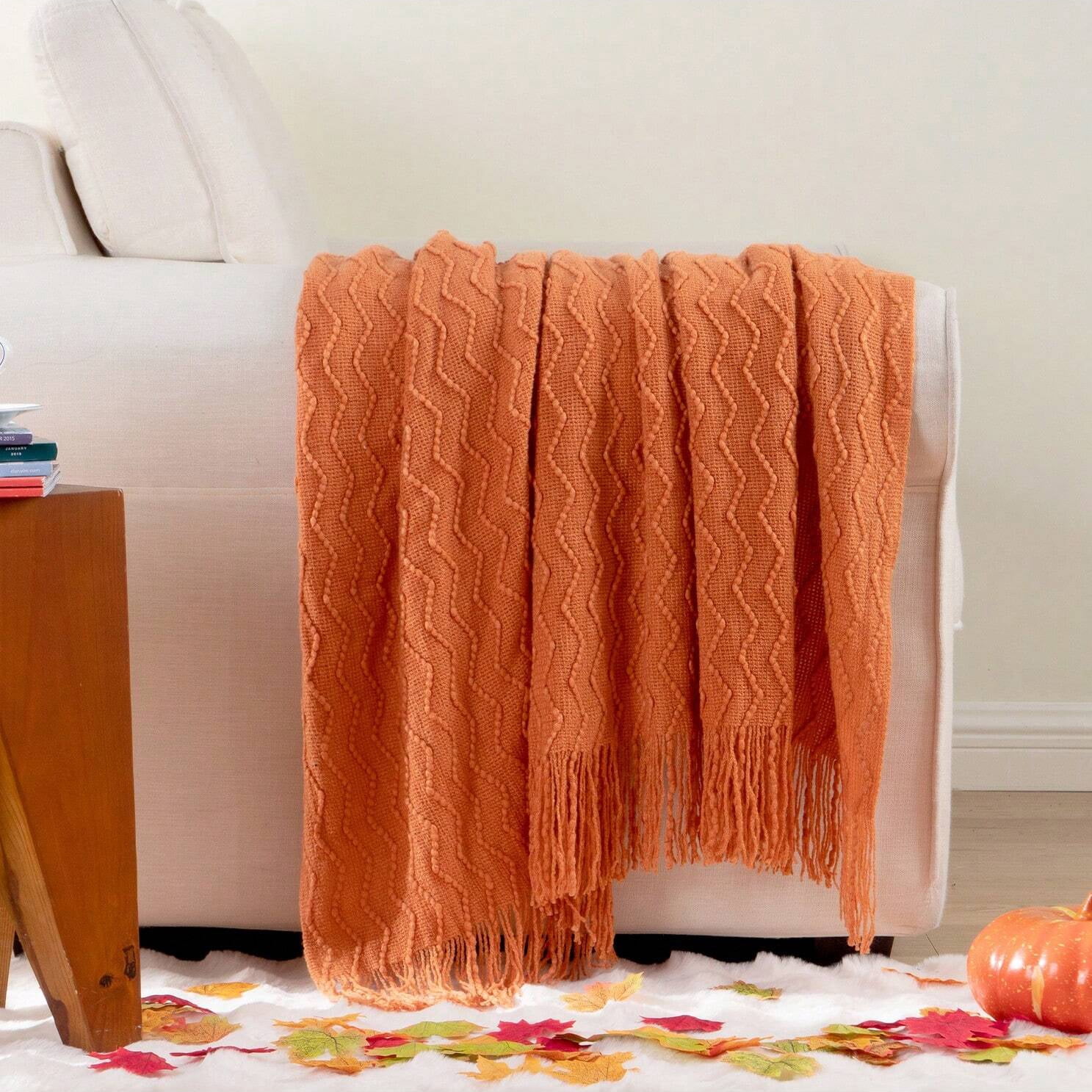 Battilo Burnt Orange Throw Blanket for Couch Bed,Fall Throws with Tassels,Halloween Blanket,50"x60"