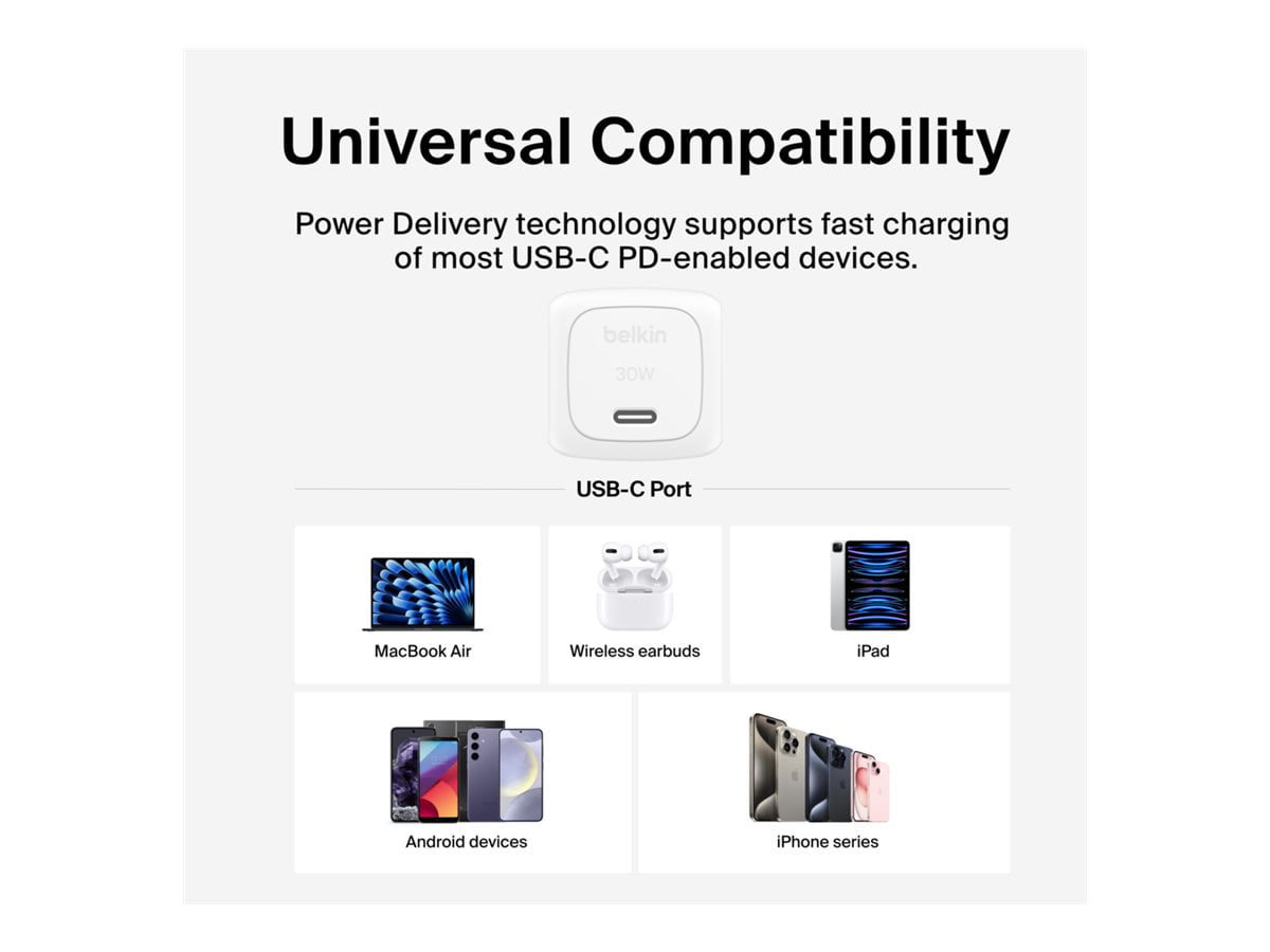 Chargeur mural cube USB-C® Belkin BoostCharge avec PPS 30 W - Blanc