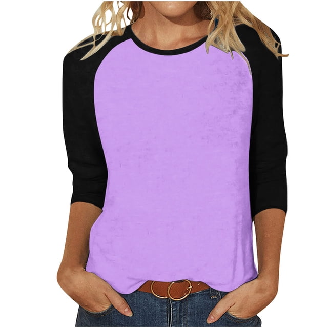 Bowake Hauts à Manches 3/4 pour Femmes Patchwork Color Block Chemises Habillées Décontractées Col Rond Blouses Hauts pour Printemps Automne