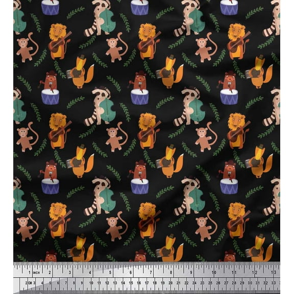 Soimoi Cotton Duck Fabric Leaves,Musical Instruments & Animals Kids Print Fabric by the Yard 42 Inch Wide