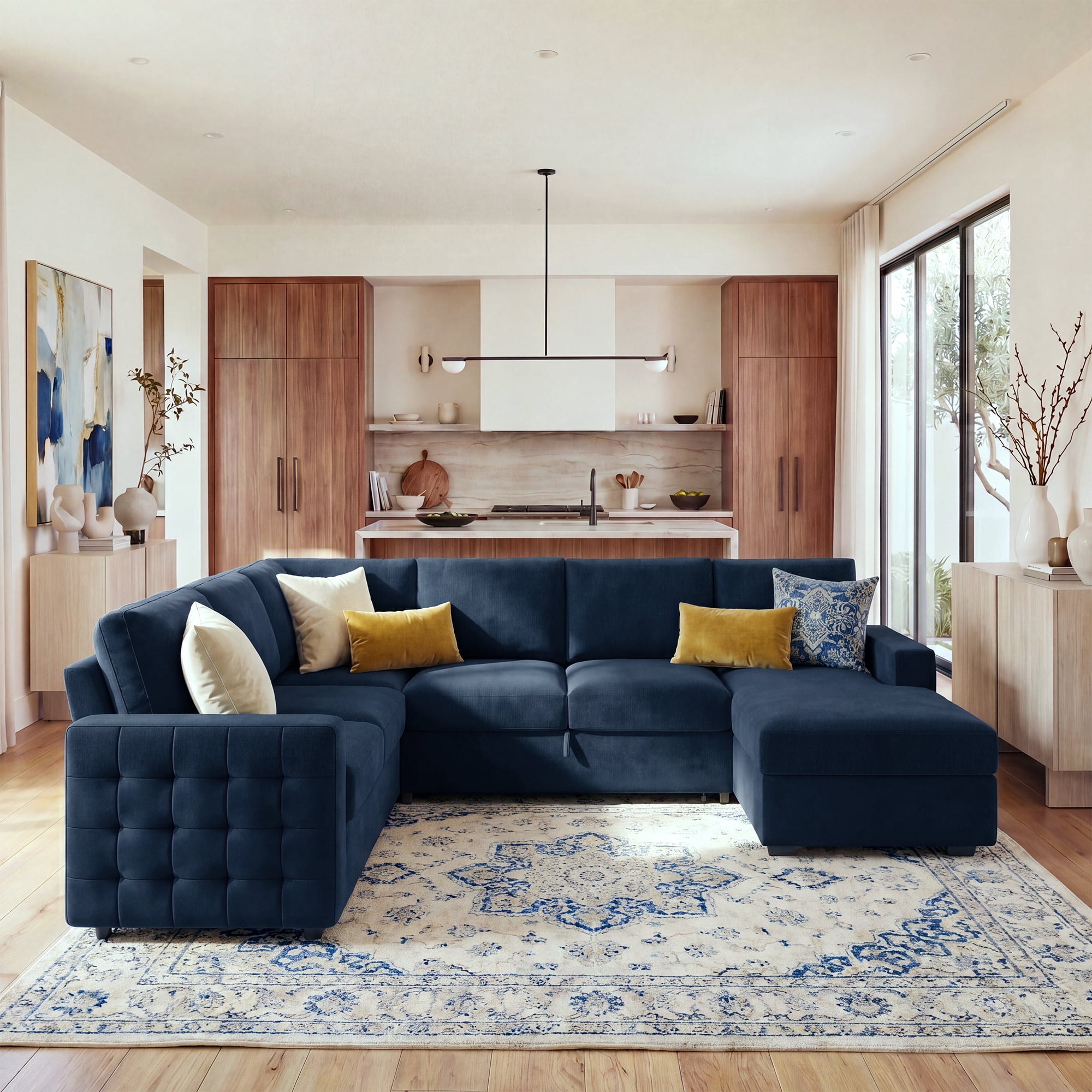 Marrber Modular Sectional  Pull-Out Sofa Bed  with Storage Velvet U-Shaped Convertible Sleeper Sofa for Living Room, Blue