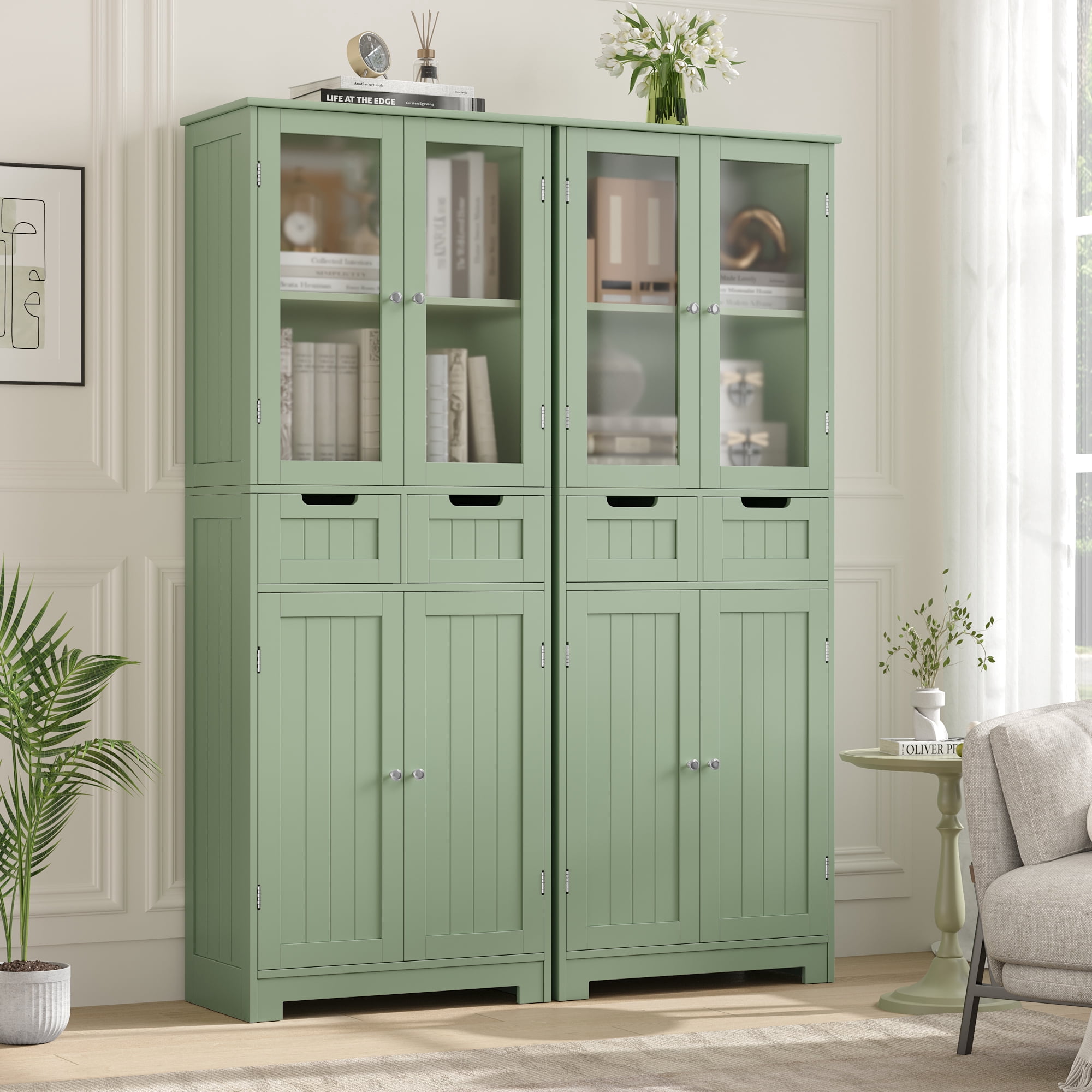 Homfa Bathroom Cabinet, 3-Tier Wood Tall Linen Storage Cabinet with 2 Drawers and 4 Doors for Living Room Office, Green