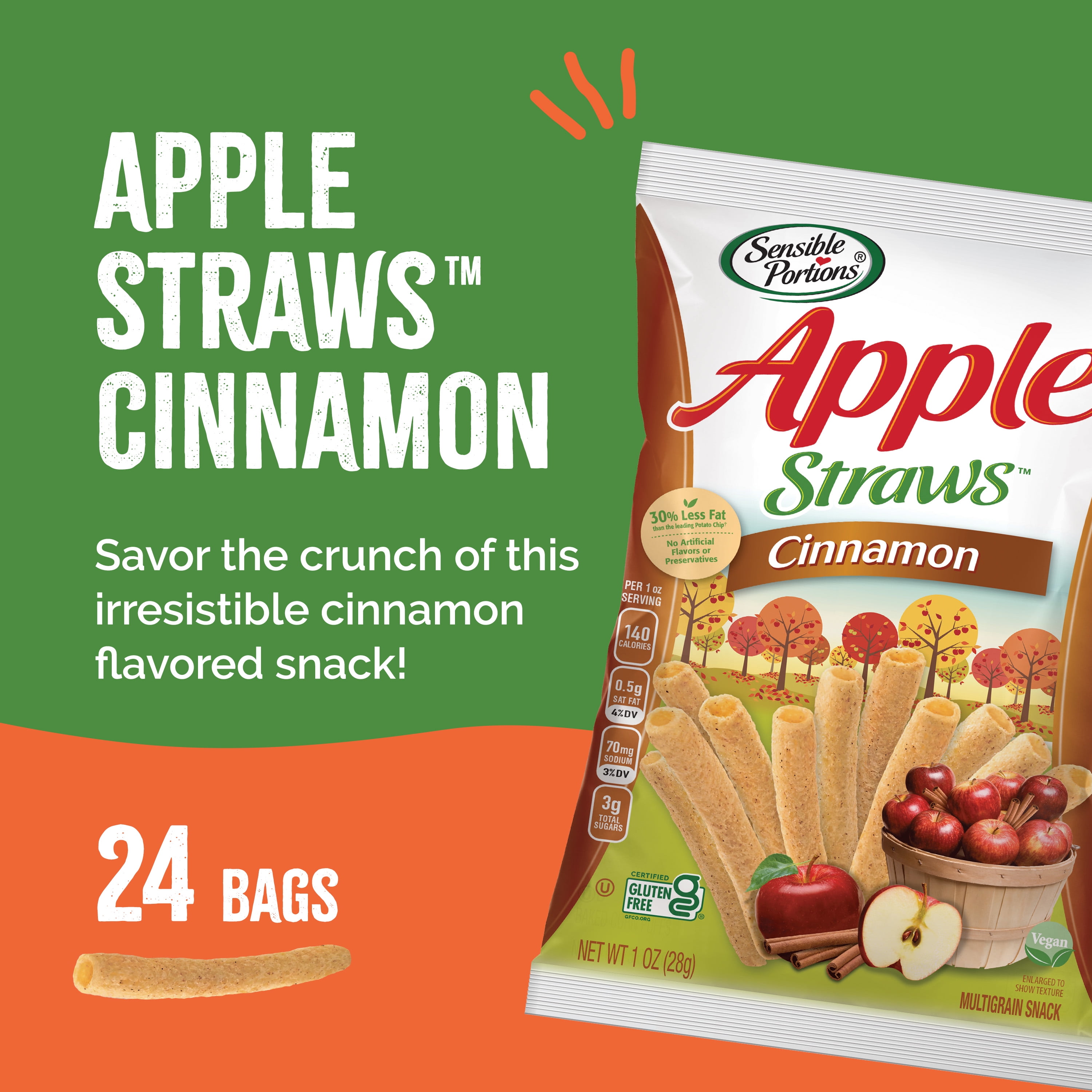 Sensible Portions Gluten-Free Cinnamon Apple Straws Multipack, 1 oz Snack Bag, 24 Count