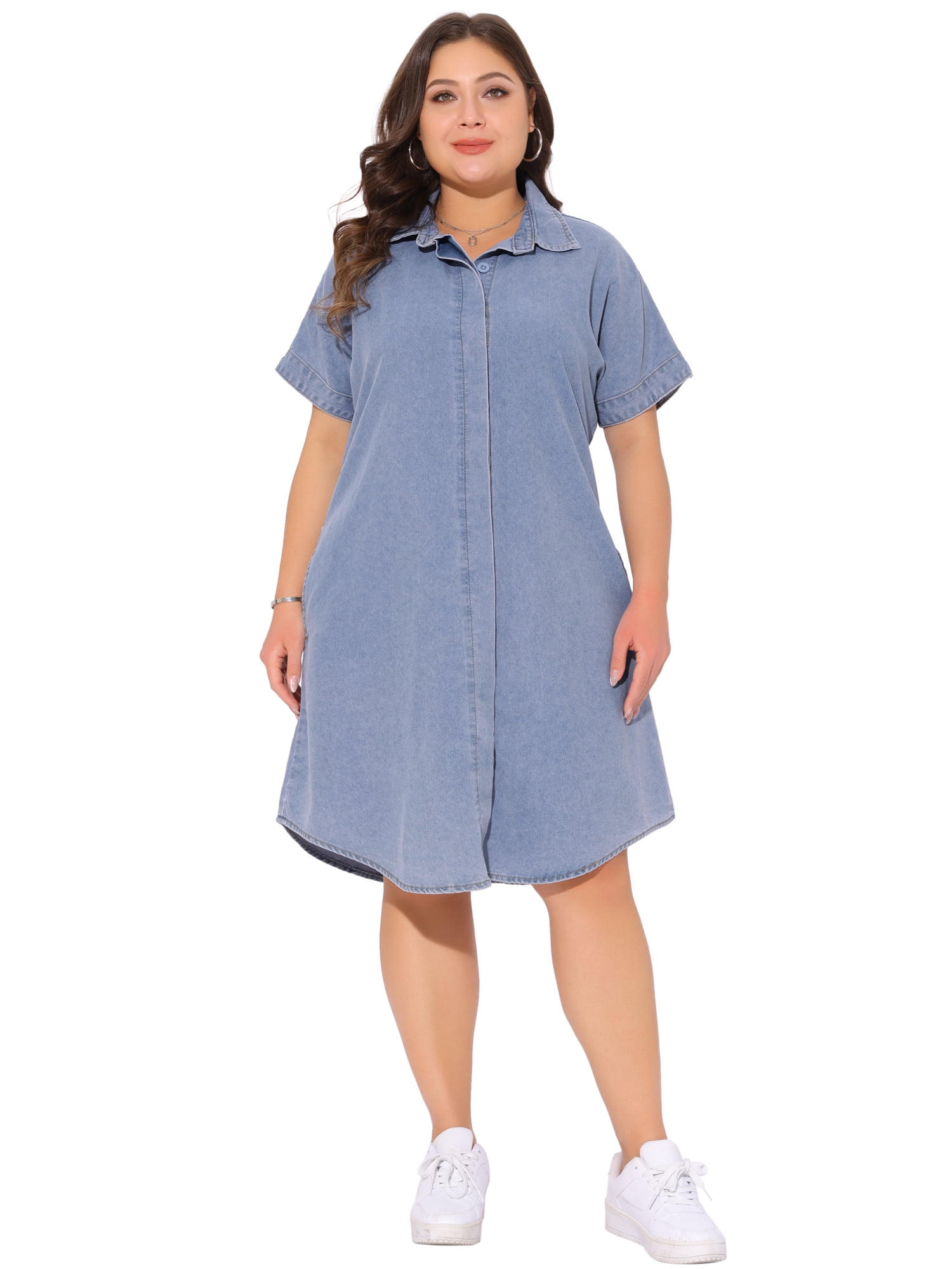 DARING DIVA Women's Plus Size Denim Short Sleeve Button Down Dress 4X Light Blue