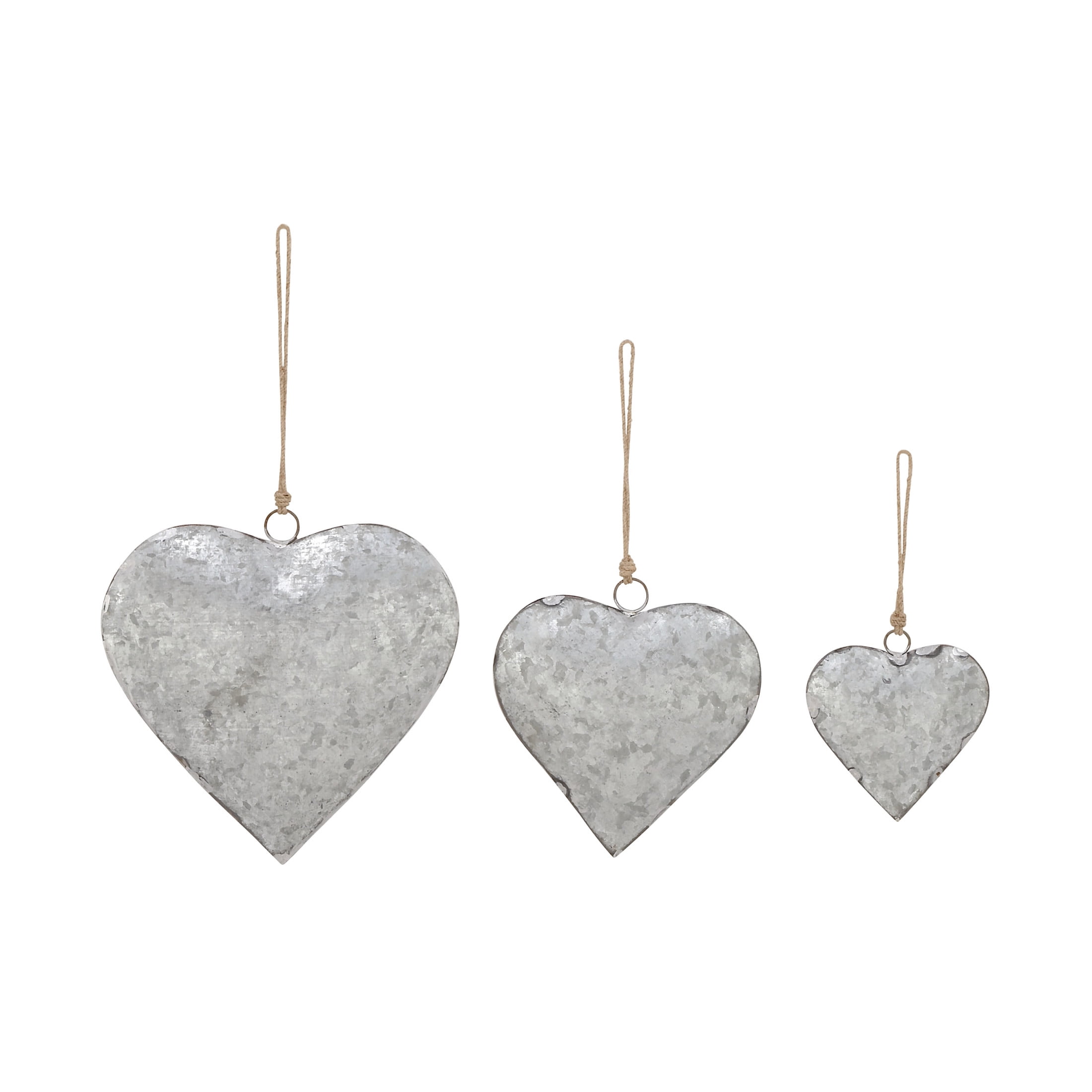 DecMode Tibetan Inspired Silver Metal Heart Decorative Bells with Jute Hanging Rope, 3 Count