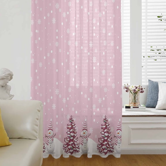 Pink Christmas Semi Sheer Curtains Drapes for Living Room, Bedroom, French Doors Window 72 Inches Long, Winter Snowman Pine Tree Snow Scene Rod Pocket Chiffon Curtain Drapery Voile Draperies Panel