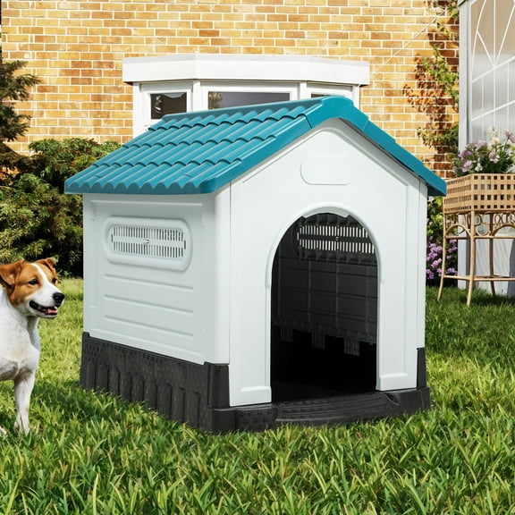 ModFusion Small Plastic Dog House, 22" Outdoor Pet Shelter with Adjustable Skylight and Water Resistance, Blue and White