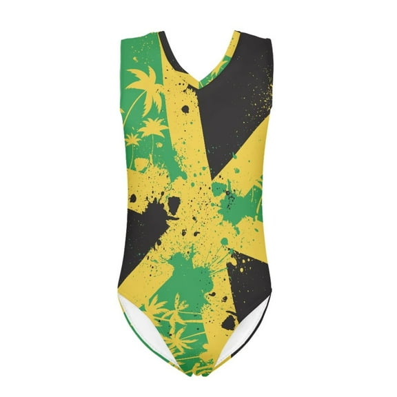 FOR U DESIGNS Jamaican Flag Girls Swimsuit One-Piece Dancing Athletic Leotards Coconut Tree Kids Bathing Suit Size 7-8 Years Summer Kids Gymnastics
