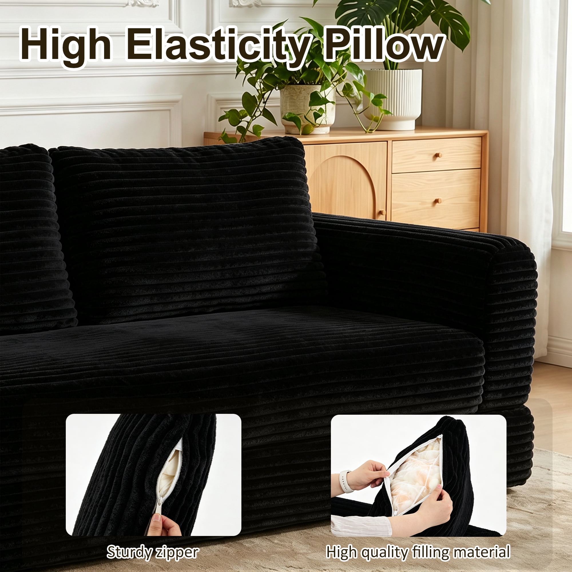 55" Convertible Futon Sofa Bed,Folding Boneless Couch with Sleeper Sofa,Fold Out Floor Sofa with Deep Seat,Cloud Corduroy Foldable Mattress Couch for Living Room,Black