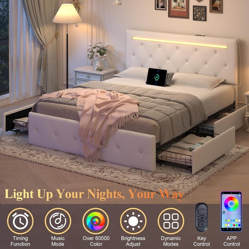 LED Bed Frame with 4 Storage Drawers, Charging Station, Upholstered Platform Bed with Adjustable Diamond Headboard, No Box Spring Needed, Noise Free, Easy Assembly, Full
