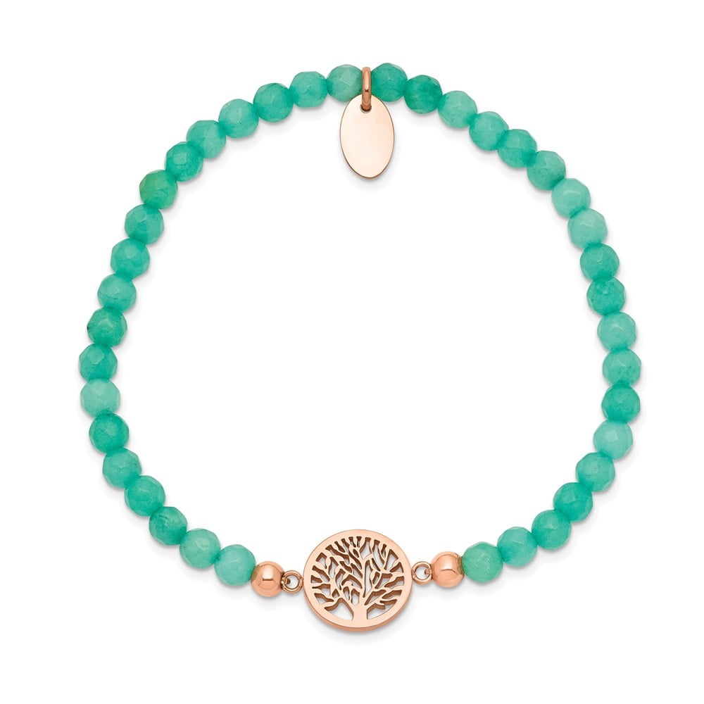 Auriga Mother's Day Gift Stainless Steel Women's Rose IP-plated Tree of Life 4mm Mint Jade Beaded Stretch Bracelet