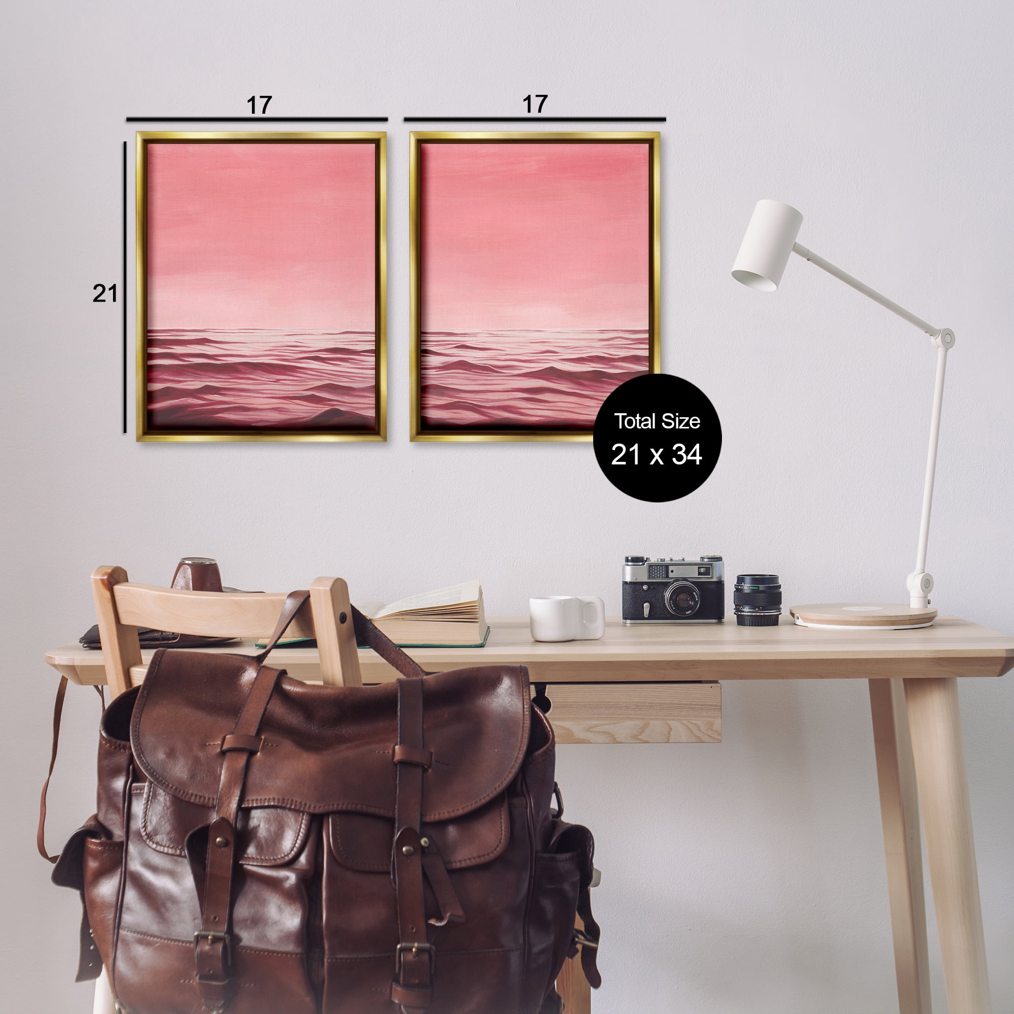 Stupell Industries Pink Calm Seascape Nautical & Beach Painting Gold Floater Framed Canvas Art Print Wall Art, 17 x 21, Set of 2