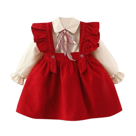 

BSDHBS 2 Piece Outfit for Toddler Girls Kids Baby Girls Long Ruffled Sleeve Bowknot Shirt Blouse Top Patchwork Suspender Skirt Outfits Set 2PCS Clothes