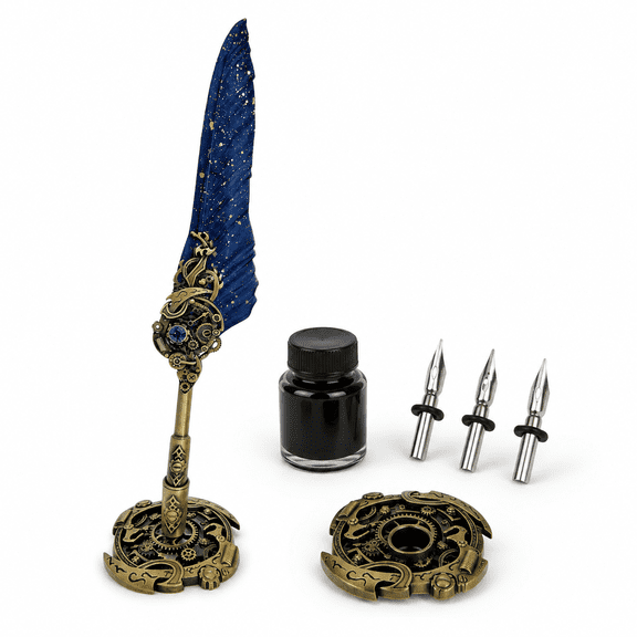 Steampunk Pen And Ink Set With Gift Box Vintquill For Writing Calligraphy Office Supplies Birthday Weddingmas (blue)